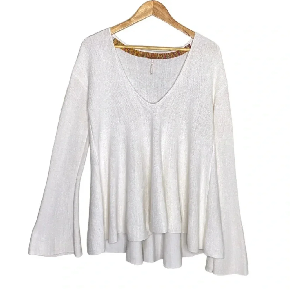 Free People White Bell Sleeve Plunging Neckline Sundae Sweater Size Small